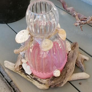Windlicht mit rosa Sisalstoff Boden Muscheln maritim auch als Ziervase geeignet