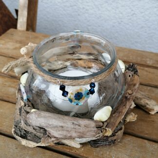 Windlicht Teelichthalter Schwemmholz Deko mit Sisalschnur Perlen und Muscheln