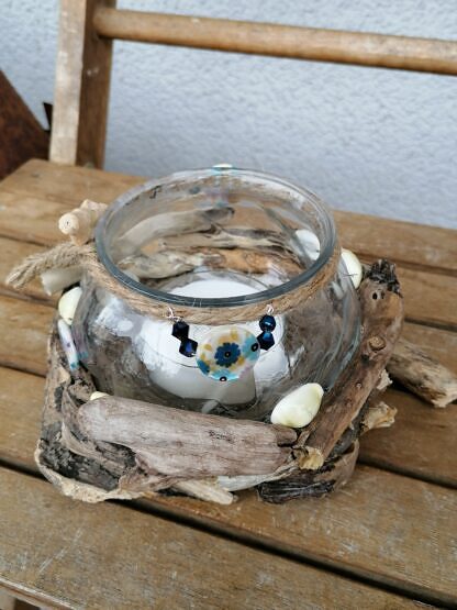 Windlicht Teelichthalter Schwemmholz Deko mit Sisalschnur Perlen und Muscheln