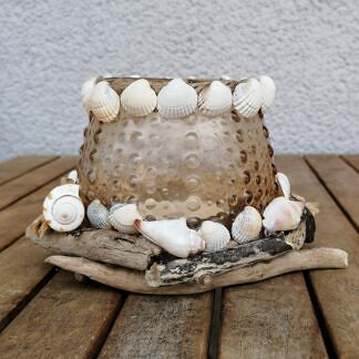 Windlicht Teelicht Teelichthalter Deko mit Sisalschnur Perlen und verschiedenen Muscheln (1)