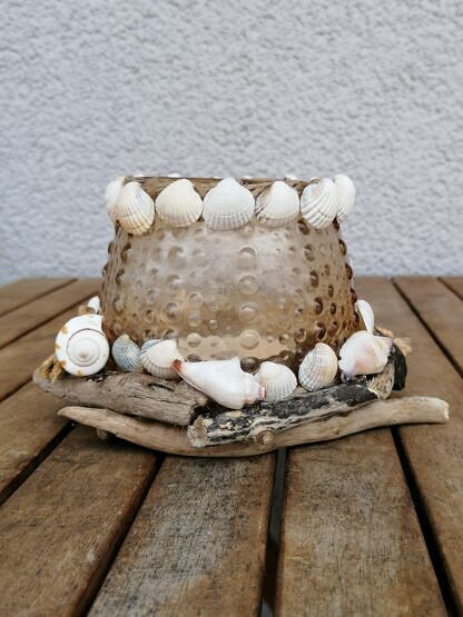 Windlicht Teelicht Teelichthalter Deko mit Sisalschnur Perlen und verschiedenen Muscheln (1)
