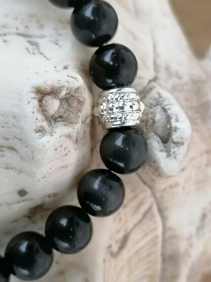 Edelstein Armband Frauen mit schwarzen mexikanischen Katzenaugen Opal Perlen silberfarbener Metallperle ovaler Achat Perle Blumenrondellen Antiksilber auf Elast aufgezogen