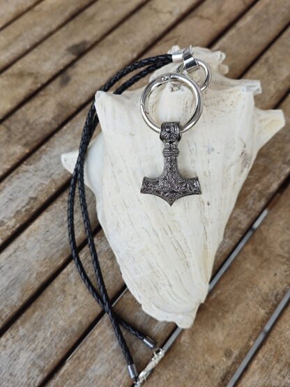 Wikingerkette Wikingerschmuck mit 3mm schwarzen Lederband Mjölnir Thors Hammer Anhänger Dunkel Antiksilber mit Karabinerring mit Endkappen aus Edelstahl & versilberten Karabinerverschluss