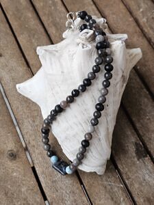 Männer Halskette Männerschmuck Herrnschmuck Ethno Boho mit Feuersteinen Larimar Edelsteinperlen quadratischen blauen Larvikitperle grosser Karabinerverschluss versilbert