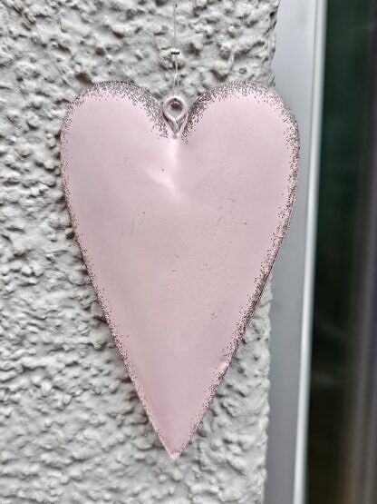 Dekohänger Mobile Girlande Türdeko Fensterdeko Windspiel mit rosa Herzanhänger aus Metall rosa flachen Glasperlen ovale und runde versilberte Metallperlen hellbraune taupe Polaris Acrylperlen