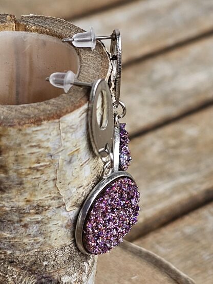 Ohrstecker Ohrhänger Damen Frauen Ohrschmuck aus Edelstahl mit violettten Glitzer Resin Perlen mit Silikonstopper