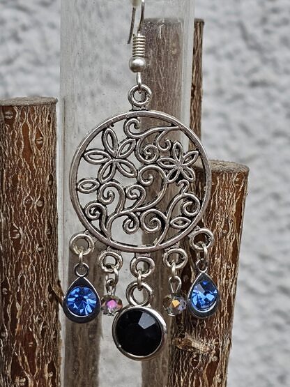 Ohrringe Ohrhänger Ethno Boho Kronleuchter Oriental mit schwarzen und saphirblauen Geburtssteinanhänger aus Acryl und hellen anthrazitfarbenen facettierten Glasperlen