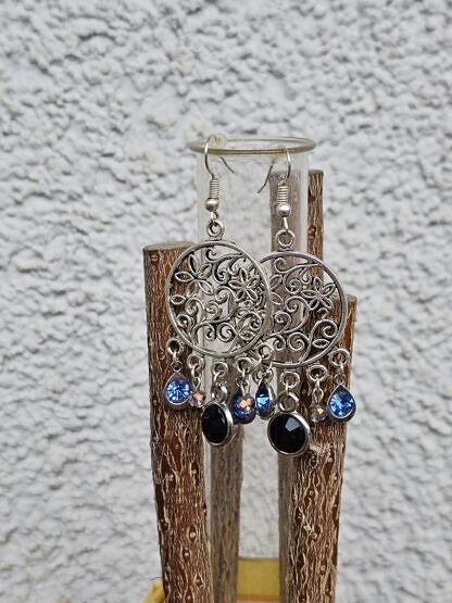 Ohrringe Ohrhänger Ethno Boho Kronleuchter Oriental mit schwarzen und saphirblauen Geburtssteinanhänger aus Acryl und hellen anthrazitfarbenen facettierten Glasperlen
