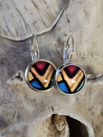 Cabochon Ohrringe Ohrhänger Ohrschmuck Unikatohrringe mit 12mm Glas Cabochonperlen mit abstraktem Motiv hellblau gelb grün rot mit 925 Silber Brisuren