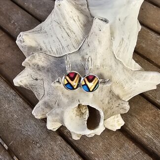 Cabochon Ohrringe Ohrhänger Ohrschmuck Unikatohrringe mit 12mm Glas Cabochonperlen mit abstraktem Motiv hellblau gelb grün rot mit 925 Silber Brisuren