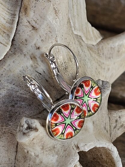 Cabochon Ohrringe Ohrhänger Ohrschmuck Unikatohrringe mit 12mm Glas Cabochonperlen mit Sternenmotiv hellgrün weiss pink orange gelb mit 925 Silber Brisuren