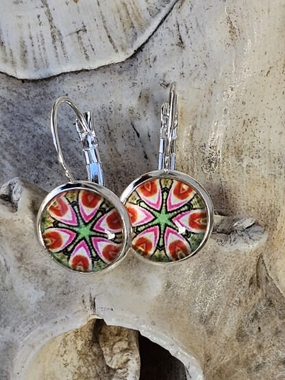 Cabochon Ohrringe Ohrhänger Ohrschmuck Unikatohrringe mit 12mm Glas Cabochonperlen mit Sternenmotiv hellgrün weiss pink orange gelb mit 925 Silber Brisuren