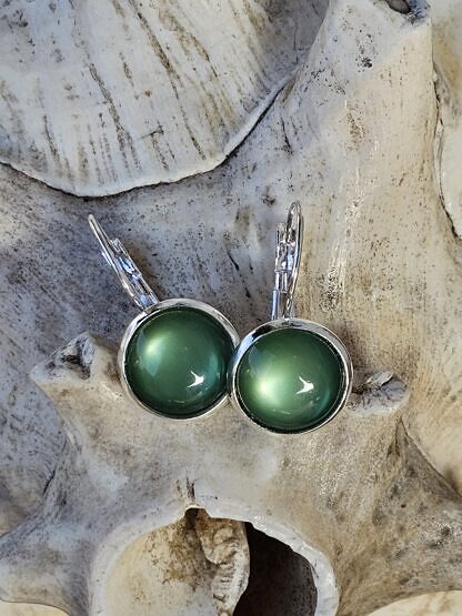 Cabochon Ohrringe Ohrhänger Ohrschmuck Unikatohrringe mit 12mm mit grünen Katzenaugen Glas Cabochon Perlen mit 925 Silber Brisuren (2)