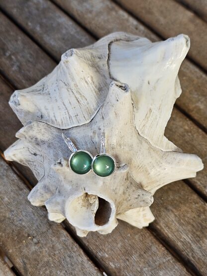 Cabochon Ohrringe Ohrhänger Ohrschmuck Unikatohrringe mit 12mm mit grünen Katzenaugen Glas Cabochon Perlen mit 925 Silber Brisuren (2)
