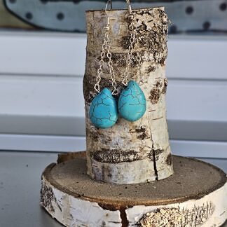 Edelstein Ohrringe Ohrhänger Ohrschmuck mit Türkis Tropfenanhänger silberfarbenen Gliederketten und Ohrhaken 925 Silber Unikat Handmade