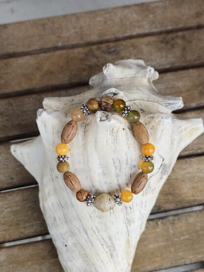 Edelstein Armband Armkette Perlenarmband mit 8mm gelben Jade grüngelben Achat und Wüstenjaspisperlen Blumenrondellen aus Antiksilber ovalen Olivenholzperlen auf Elast aufgezogen