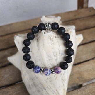 Edelstein Frauen Armband Frauenschmuck Frauen Armschmuck mit 10mm schwarzen Lavaperlen Flower Power Jaspis Edelstein Blumenrondellen aus Metall und Tibetsilber Perle auf Elast aufgezogen