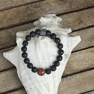 Edelstein Männer Armband Herrenschmuck Männer Armschmuck mit 10mm schwarzen Lavaperlen roter Steinperle und Metallperle auf Elast aufgezogen