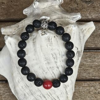 Edelstein Männer Armband Herrenschmuck Männer Armschmuck mit 10mm schwarzen Lavaperlen Schaumkoralle Edelsteinperle Tibetsilber Perle auf Elast aufgezogen