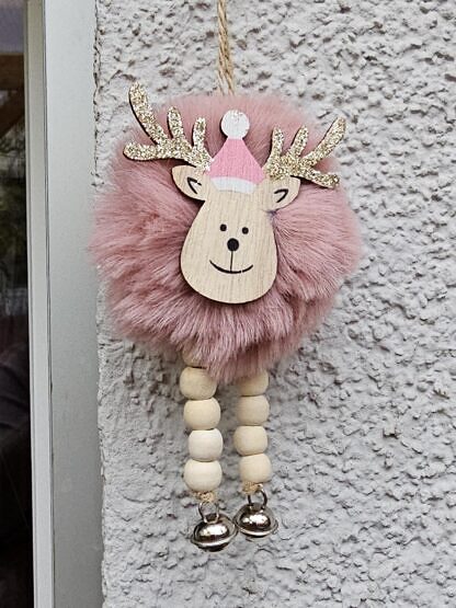 Weihnachts Dekohänger Adventsdeko Dekoration Weihnachten mit Elchanhängger mit rosa Fell rosa-goldenen Lampwork Glas Perlen rosa Glanzperlen