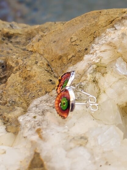 Cabochon Ohrstecker Ohrringe aus 925 Silber mit 10mm Glas Mandala Cabochonperle orange hellgrün gelb