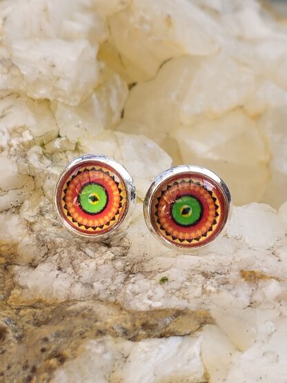 Cabochon Ohrstecker Ohrringe aus 925 Silber mit 10mm Glas Mandala Cabochonperle orange hellgrün gelb