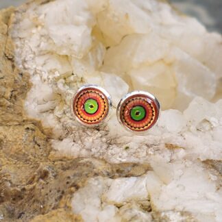 Cabochon Ohrstecker Ohrringe aus 925 Silber mit 10mm Glas Mandala Cabochonperle orange hellgrün gelb