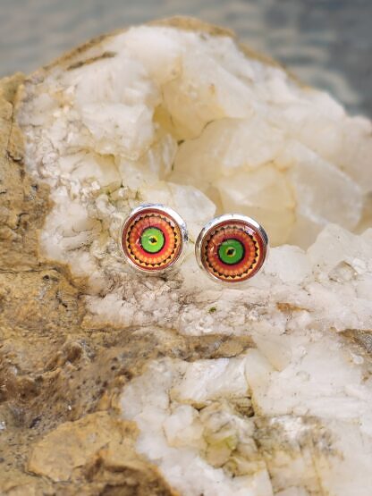 Cabochon Ohrstecker Ohrringe aus 925 Silber mit 10mm Glas Mandala Cabochonperle orange hellgrün gelb