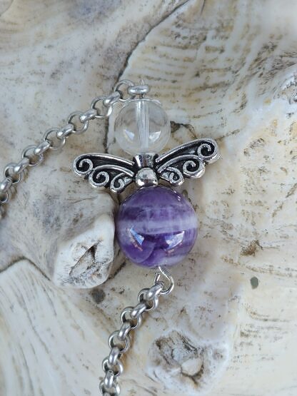 Edelstein Pendel Reiki Pendel Anhänger mit 20mm Schneeflockenobsidian als Pendel Engel mit Amethyst und Bergkristall an Gliederkette mit Drahtsilberperle als Griff
