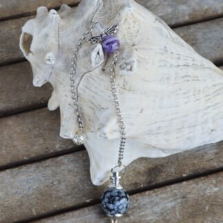 Edelstein Pendel Reiki Pendel Anhänger mit 20mm Schneeflockenobsidian als Pendel Engel mit Amethyst und Bergkristall an Gliederkette mit Drahtsilberperle als Griff