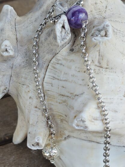 Edelstein Pendel Reiki Pendel Anhänger mit 20mm Schneeflockenobsidian als Pendel Engel mit Amethyst und Bergkristall an Gliederkette mit Drahtsilberperle als Griff