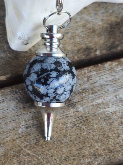 Edelstein Pendel Reiki Pendel Anhänger mit 20mm Schneeflockenobsidian als Pendel Engel mit Amethyst und Bergkristall an Gliederkette mit Drahtsilberperle als Griff