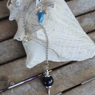 Edelstein Pendel Reiki Pendel Anhänger mit 20mm schwarzen Obsidian als Pendel Engel mit Türkis und Bergkristall an Gliederkette mit Drahtsilberperle als Griff