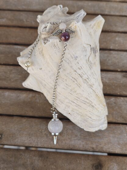 Edelstein Pendel Reiki Pendel Anhänger mit 20mm weiss-lila Jadeperle als Pendel Engel mit Rhodonit und Steinperle an Gliederkette mit Drahtsilberperle als Griff