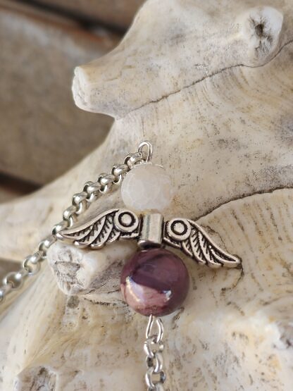 Edelstein Pendel Reiki Pendel Anhänger mit 20mm weiss-lila Jadeperle als Pendel Engel mit Rhodonit und Steinperle an Gliederkette mit Drahtsilberperle als Griff
