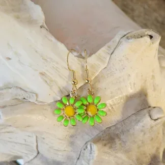Kinder Ohrringe Ohrhänger Kinderohrschmuck hellgrün-gelben Blumenanhängern und Ohrhaken aus 14 Karat Gold