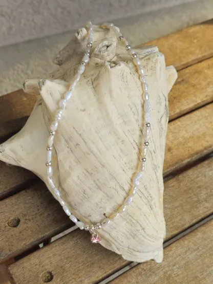 Perlenkette Edelstein Halskette mit natürlichen Süsswasser Barockperlen 935 Silberanhänger mit rosa Preciosa Kristall Silber 925 Zwischenteilen Karabiner und Verlängerungskette aus Silber