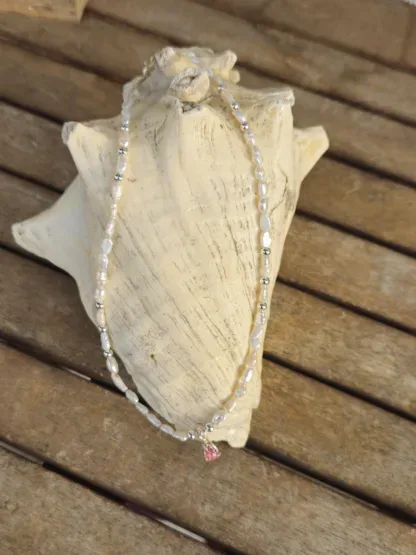 Perlenkette Edelstein Halskette mit natürlichen Süsswasser Barockperlen 935 Silberanhänger mit rosa Preciosa Kristall Silber 925 Zwischenteilen Karabiner und Verlängerungskette aus Silber
