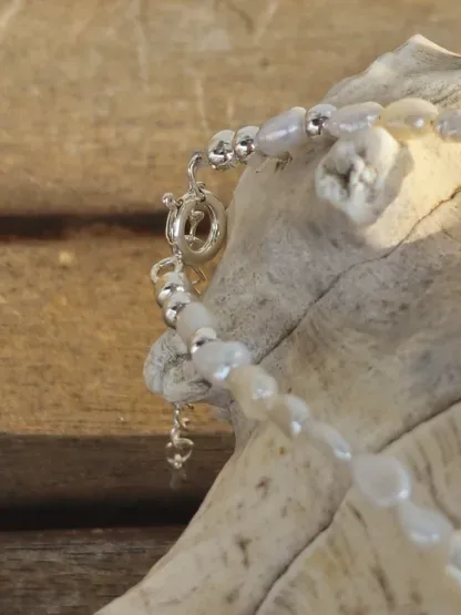 Perlenkette Edelstein Halskette mit natürlichen Süsswasser Barockperlen 935 Silberanhänger mit rosa Preciosa Kristall Silber 925 Zwischenteilen Karabiner und Verlängerungskette aus Silber