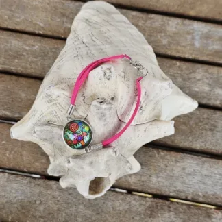 Lederarmband mit Cabochonperle Armkette Armband mit pinken Lederbändern 20mm Cabochon Glasperle mit bunten Baummotiv und Blüten