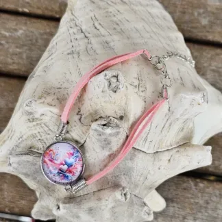 Lederarmband mit Cabochonperle Armkette Armband mit rosa Lederbändern 20mm Cabochon Glasperle mit Herzen pink rosa hellblau weiss
