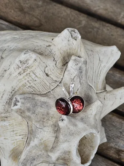 Cabochon Ohrringe Ohrhänger Ohrschmuck Unikatohrringe mit 12mm roten Glitzer Glas Cabochon Perlen mit 925 Silber Brisuren