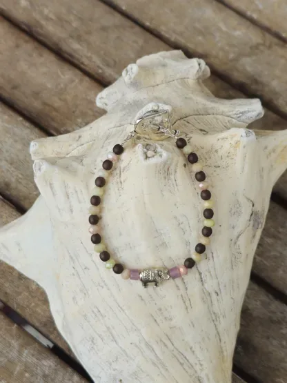 Armkette Armband Perlenarmband Armschmuck mit beige-rosa facettierten Glasperlen rosa Miyukiperlen mokka Gasperlen Elefantenperle und Herz Knebelverschluss aus Metall