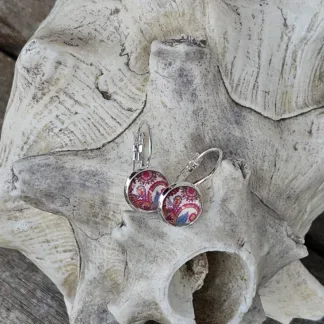 Kinder Cabochon Ohrringe mit 10mm Glas Cabochonperle im Blumenmuster in rosa lila orange blau und weiss Brisuren aus 925 Silber