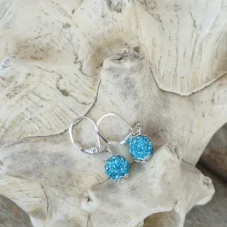 Kinder Ohrringe Ohrhänger Mädchen Ohrschmuck mit 8mm türkis Shamballa Glitzer Perlen silbernen Perlkappen und Brisuren 925 Silber