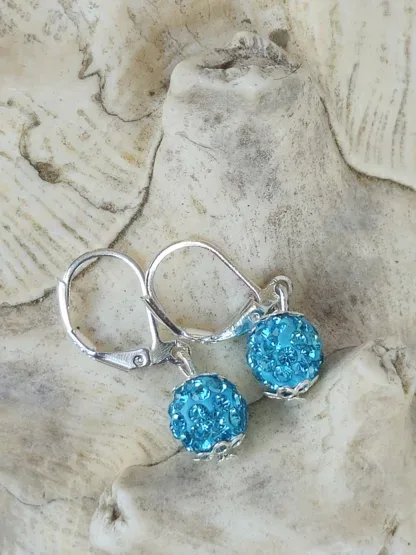 Kinder Ohrringe Ohrhänger Mädchen Ohrschmuck mit 8mm türkis Shamballa Glitzer Perlen silbernen Perlkappen und Brisuren 925 Silber