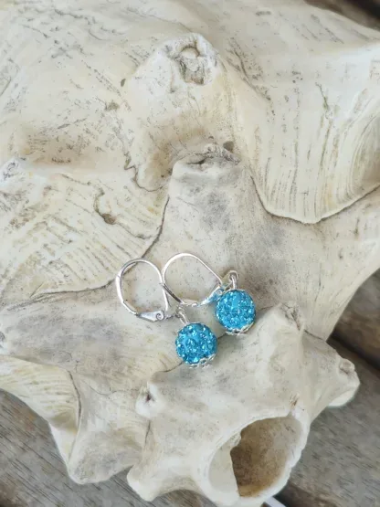Kinder Ohrringe Ohrhänger Mädchen Ohrschmuck mit 8mm türkis Shamballa Glitzer Perlen silbernen Perlkappen und Brisuren 925 Silber