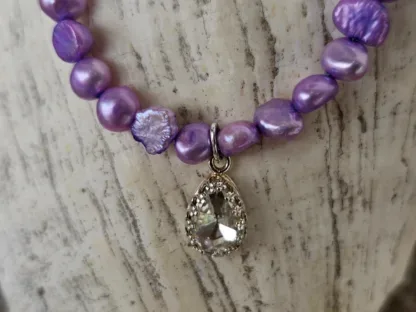 Perlenkette Edelstein Halskette mit lila violetten gefärbten Zuchtprlen 935 Silberanhänger mit Preciosa Kristall Silber 925 Zwischenteilen Rundkarabiner aus Silber