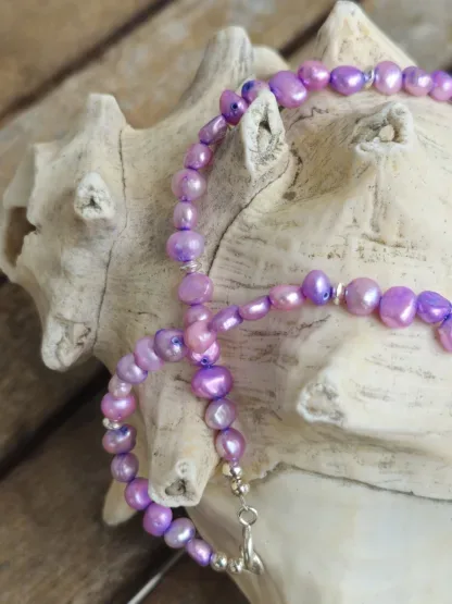 Perlenkette Edelstein Halskette mit lila violetten gefärbten Zuchtprlen 935 Silberanhänger mit Preciosa Kristall Silber 925 Zwischenteilen Rundkarabiner aus Silber