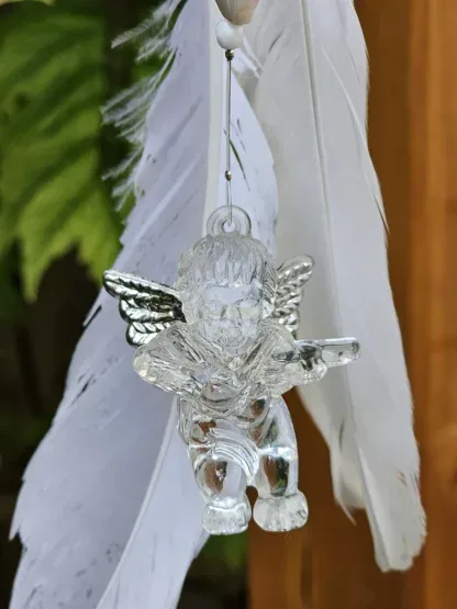 Retro Sonnenfänger Suncatcher Windspiel mit Silberabtropflöffel weissen Gänsefedern Kristalltropfen runden und herzförmigen Glasperlen blau rot türkis runden hellbraungoldenen Perlmuttperlen